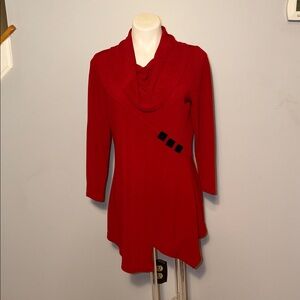 Yushi ladies Red Tunic Top with Asymmetrical hemline and cowl neckline. Medium.
